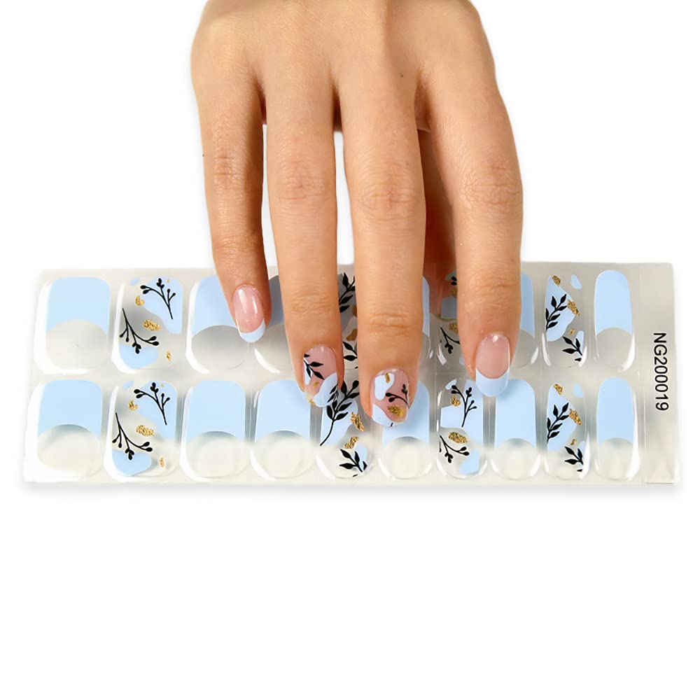 Blue Floral French Semi-cured UV Gel Nail Wraps-NG200019