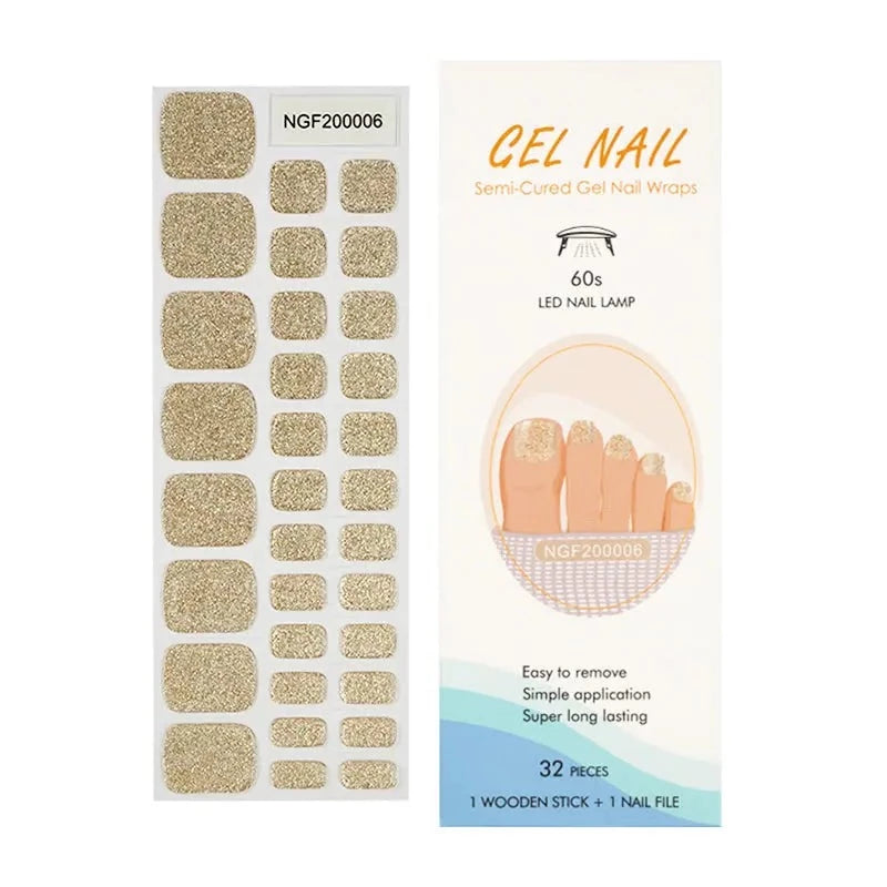 Toenail Semi-cured UV Gel Wraps -Golden Glitter Toes-NGF200006